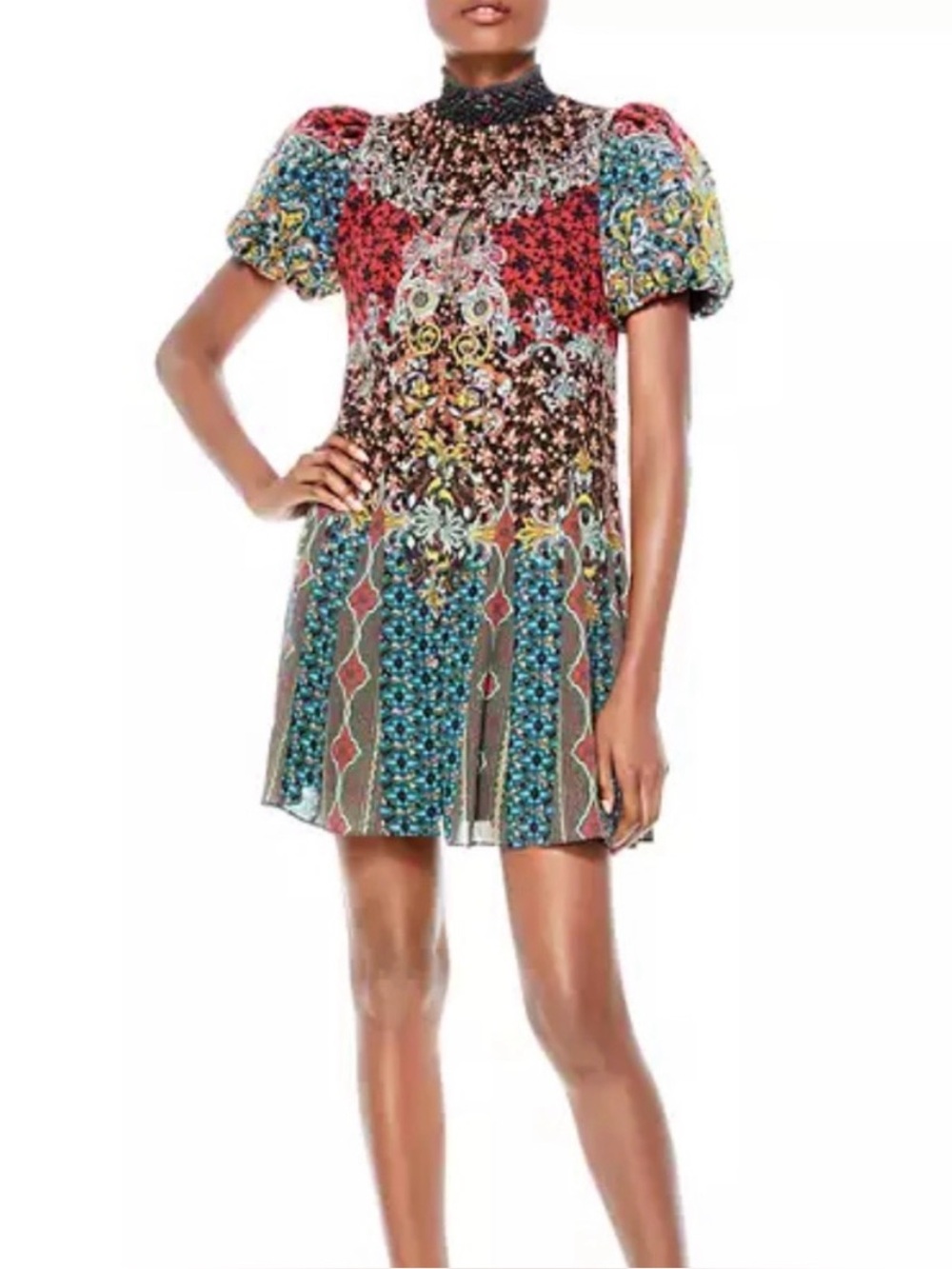 Alice + Olivia Janis Mixed Print Puff Sleeve Mini Dress Sz 6 - Picture 2 of 7
